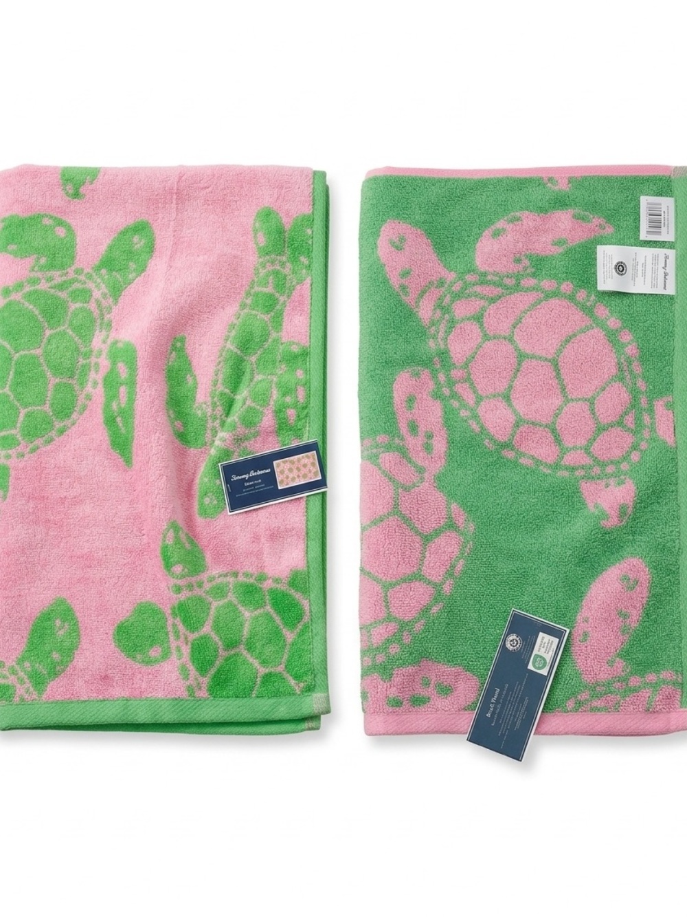 Tommy Bahama Turtle Riviera Green Pink Reversible Beach Plush Towel 36” X 68”